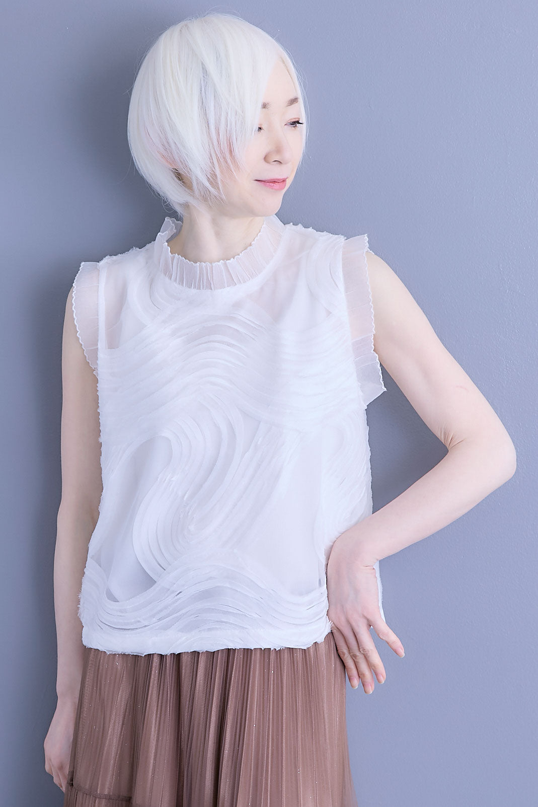 【SET】シアーポプリンダブルテーラードジャケット+ウェーブモチーフスタンドネックブラウス+2WAYラメサテンプリーツ×シアーティアードチュールスカート(3set)