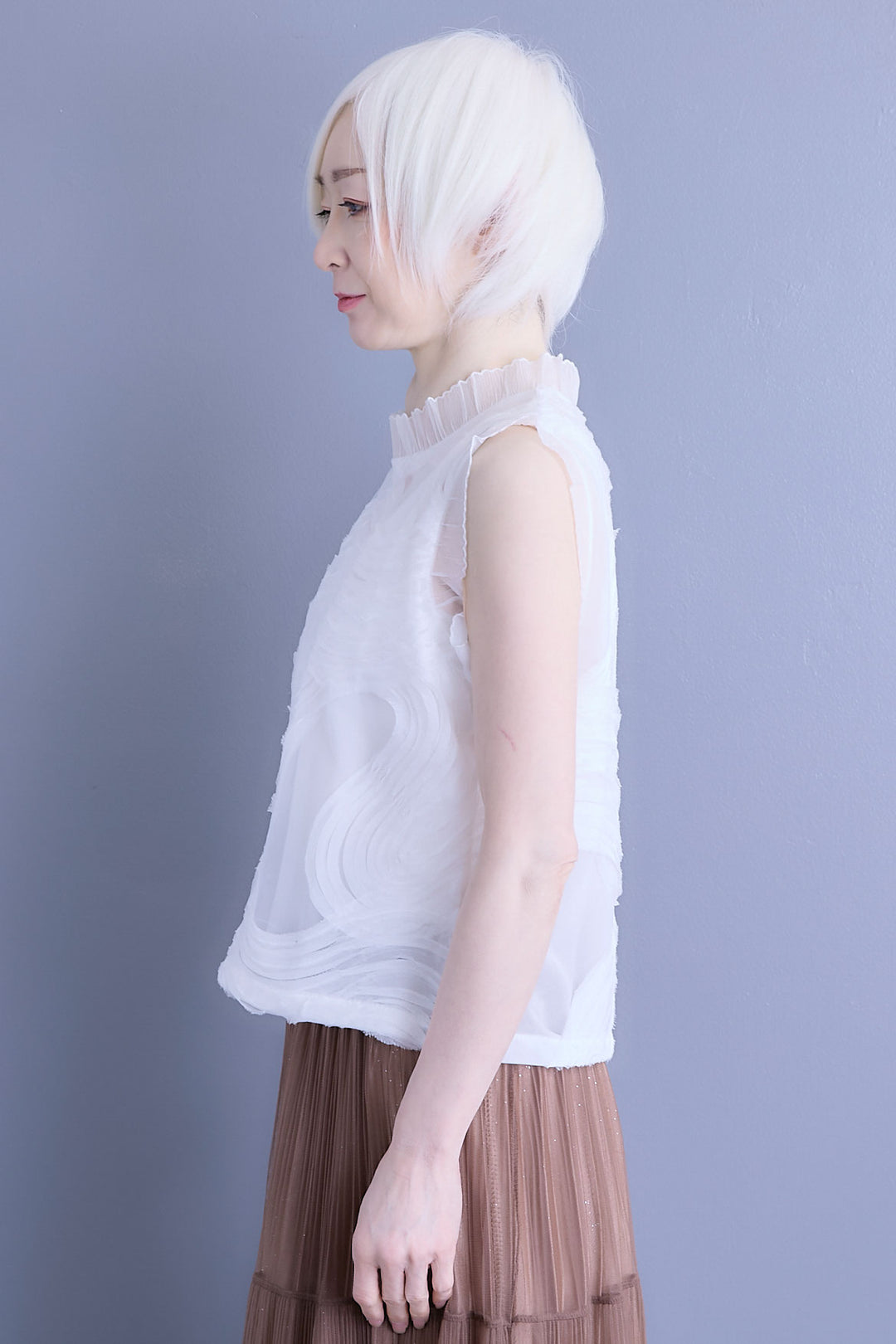 【SET】シアーポプリンダブルテーラードジャケット+ウェーブモチーフスタンドネックブラウス+2WAYラメサテンプリーツ×シアーティアードチュールスカート(3set)