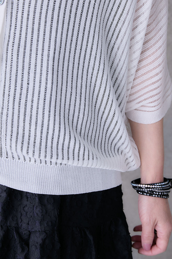 【SET】シアーストライプドルマンメッシュニットカーデ+ストライプシャーリングスタンドネックワンピース(2set)