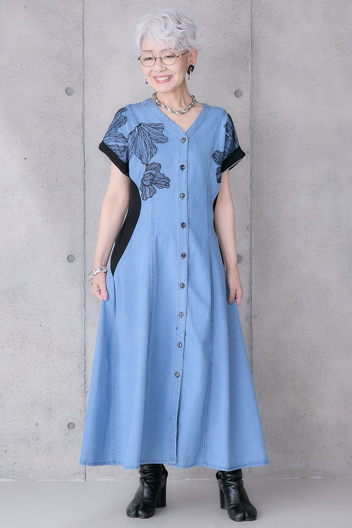 【予約】レースフラワーエンブロイダリーデニムワンピース