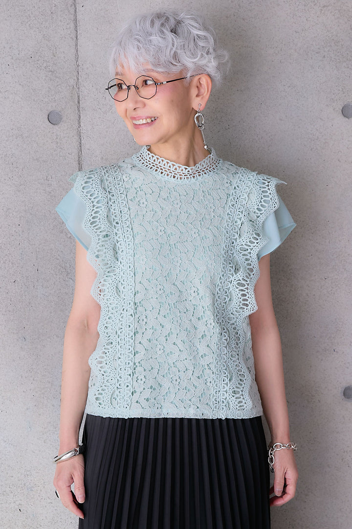 【SET】接触冷感スタンドカラーフレンチスリーブレースブラウス+アシンメトリープリーツスカート(2set)