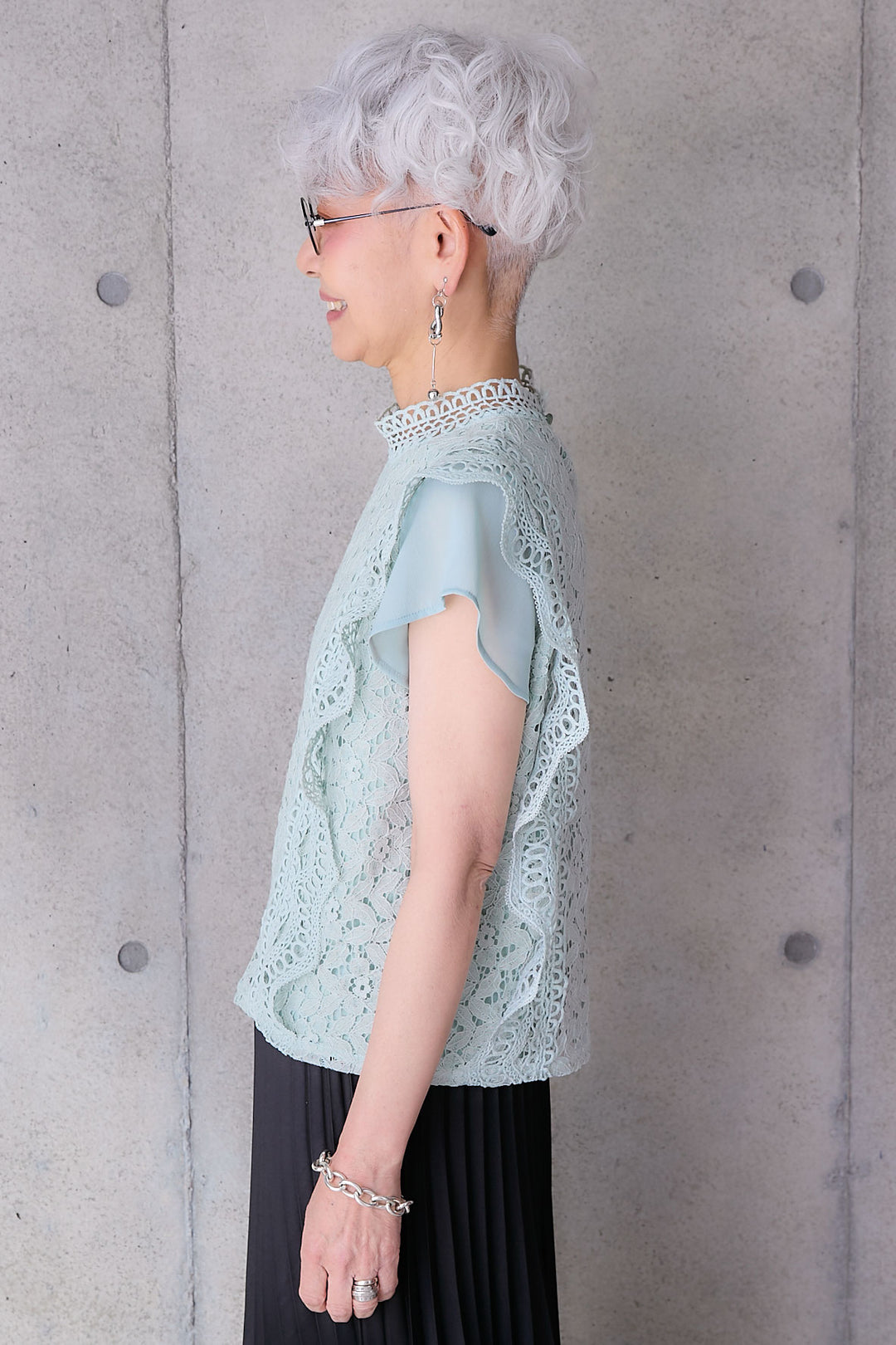 【SET】接触冷感スタンドカラーフレンチスリーブレースブラウス+アシンメトリープリーツスカート(2set)