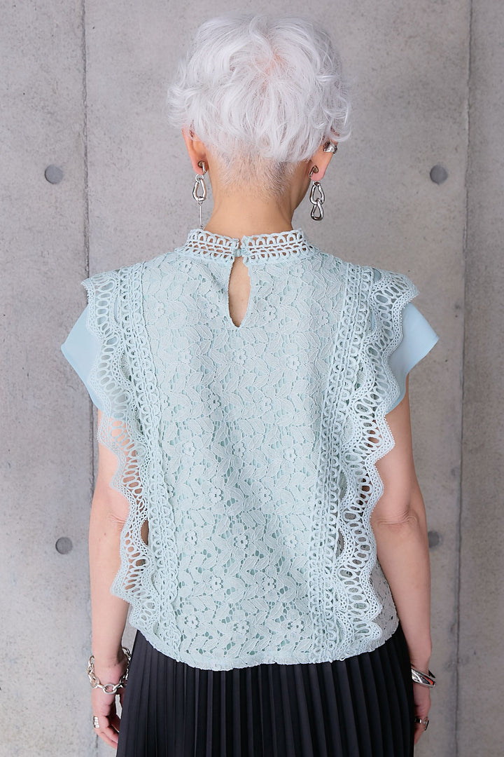 【SET】接触冷感スタンドカラーフレンチスリーブレースブラウス+アシンメトリープリーツスカート(2set)