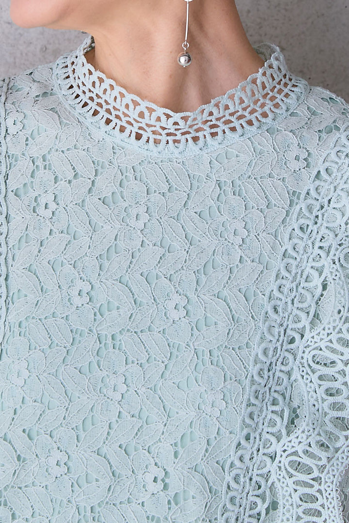 【SET】接触冷感スタンドカラーフレンチスリーブレースブラウス+アシンメトリープリーツスカート(2set)