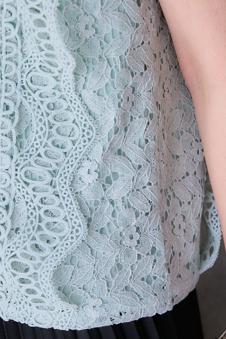 【SET】接触冷感スタンドカラーフレンチスリーブレースブラウス+アシンメトリープリーツスカート(2set)