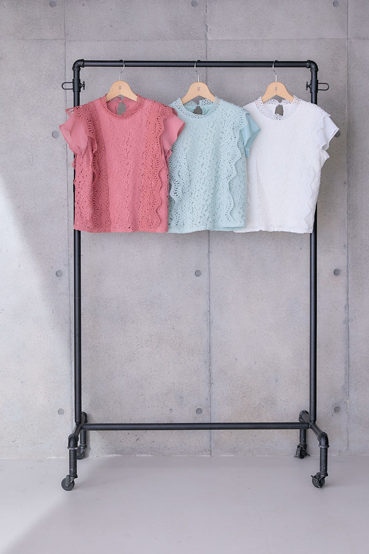 【SET】接触冷感スタンドカラーフレンチスリーブレースブラウス+アシンメトリープリーツスカート(2set)