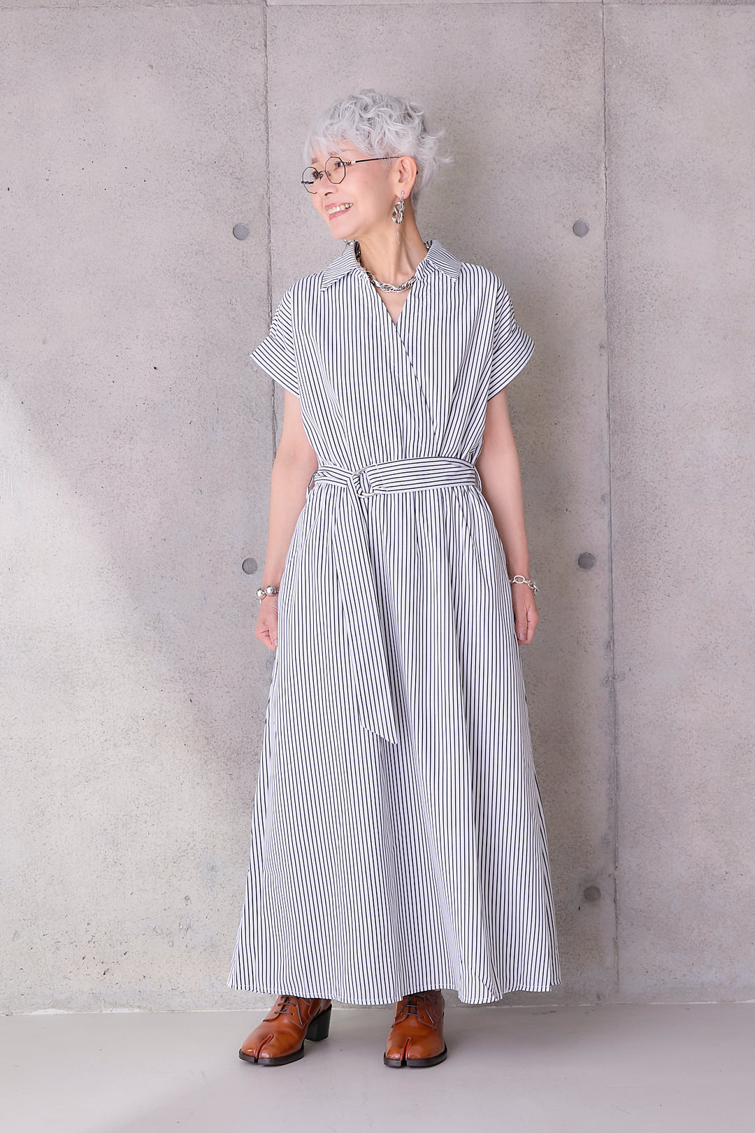 【予約】ストライプスキッパーカシュクールワンピース