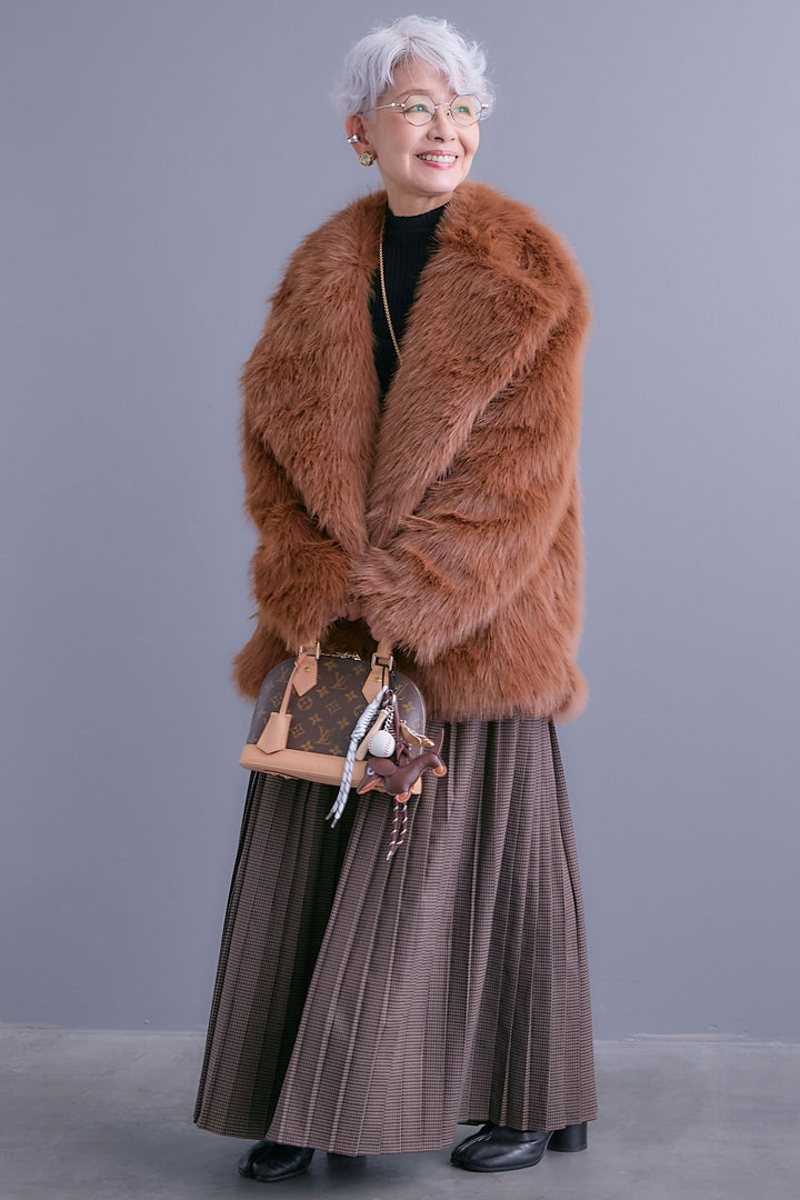 【SET】テーラードカラーファーコート+グレンチェックプリーツスカート(2set)