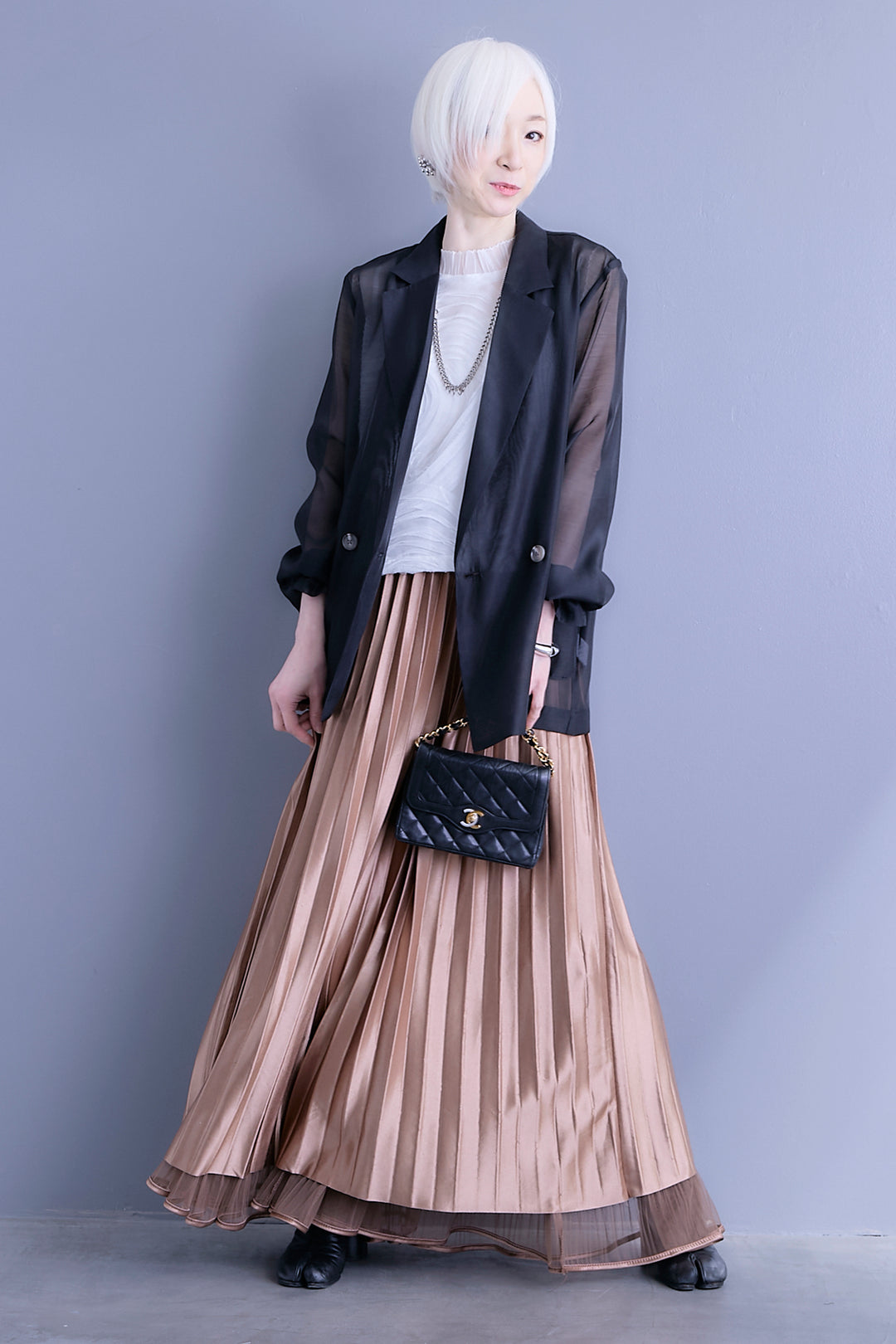 【SET】シアーポプリンダブルテーラードジャケット+ウェーブモチーフスタンドネックブラウス+2WAYラメサテンプリーツ×シアーティアードチュールスカート(3set)