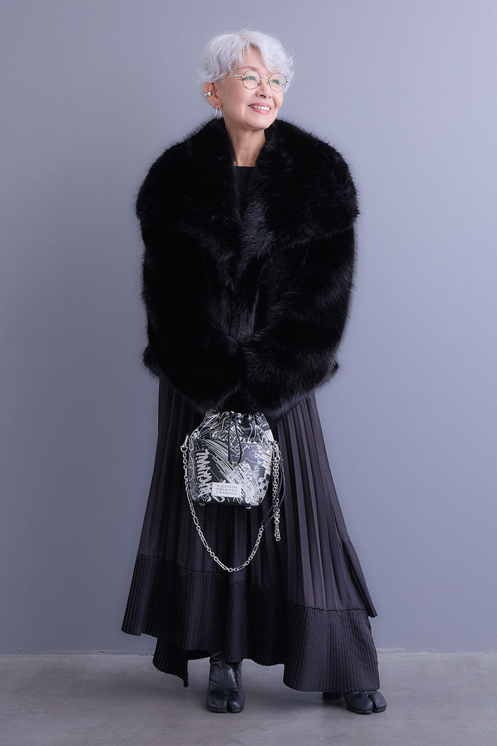 【SET】アシンメトリーロンT+オーバーカラーファーコート+アシンメトリープリーツスカート(3set)