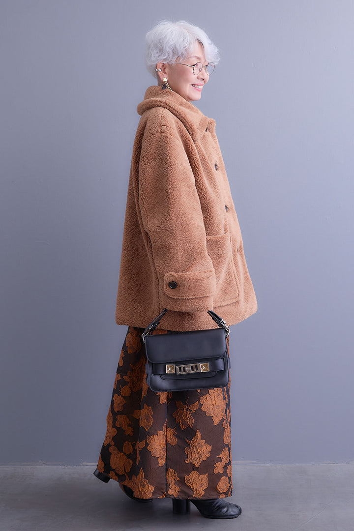 【SET】テディボアフラットカラーコート+ジャガードフラワースカート(2set)