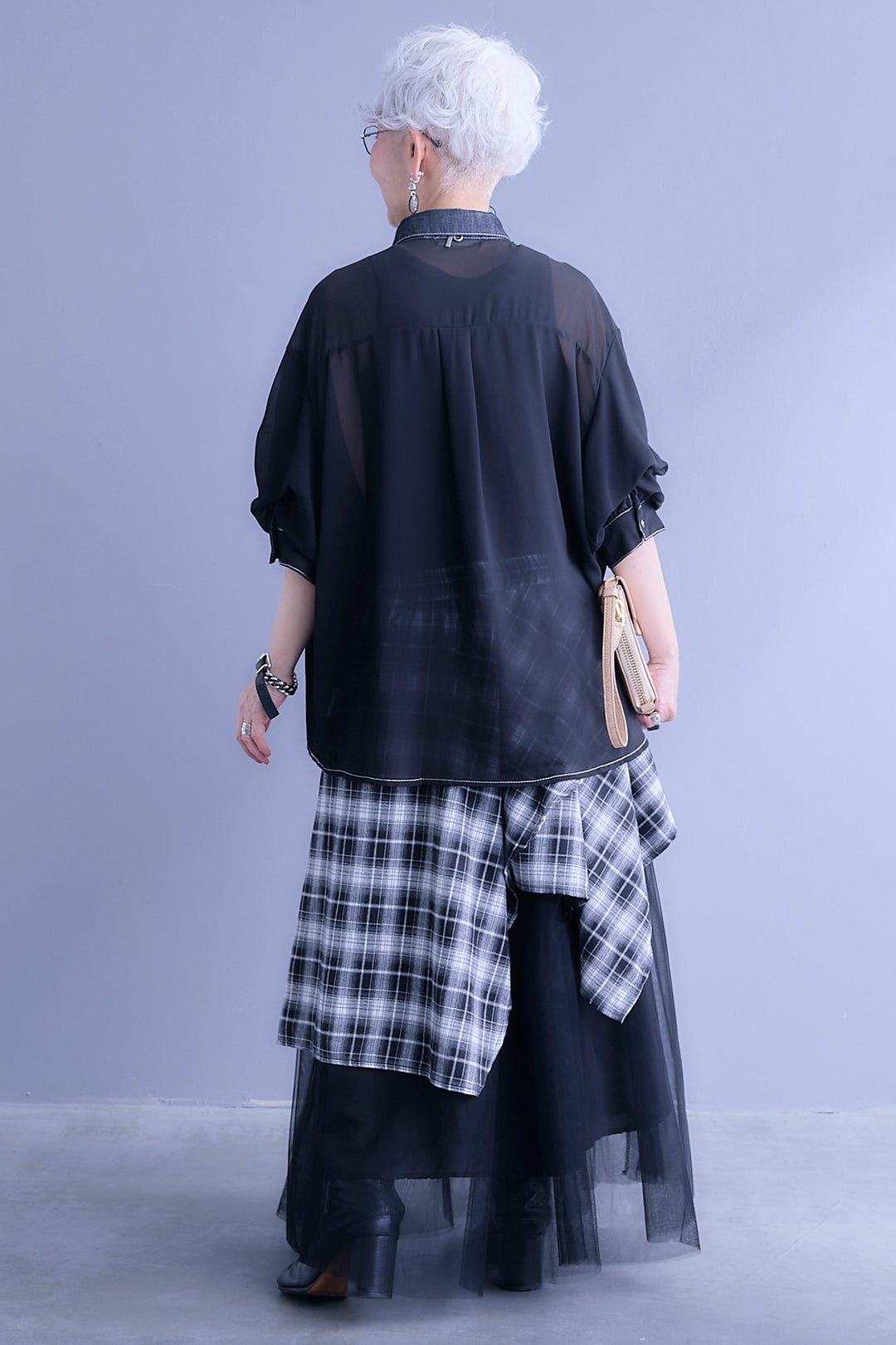 【SET】デニム×シフォンパフスリーブシャツ+チェックスカーフドッキングチュールスカート(2set)