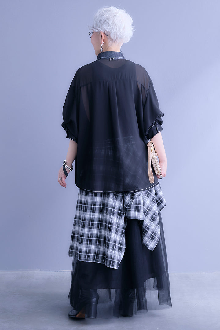 【SET】デニム×シフォンパフスリーブシャツ+チェックスカーフドッキングチュールスカート(2set)