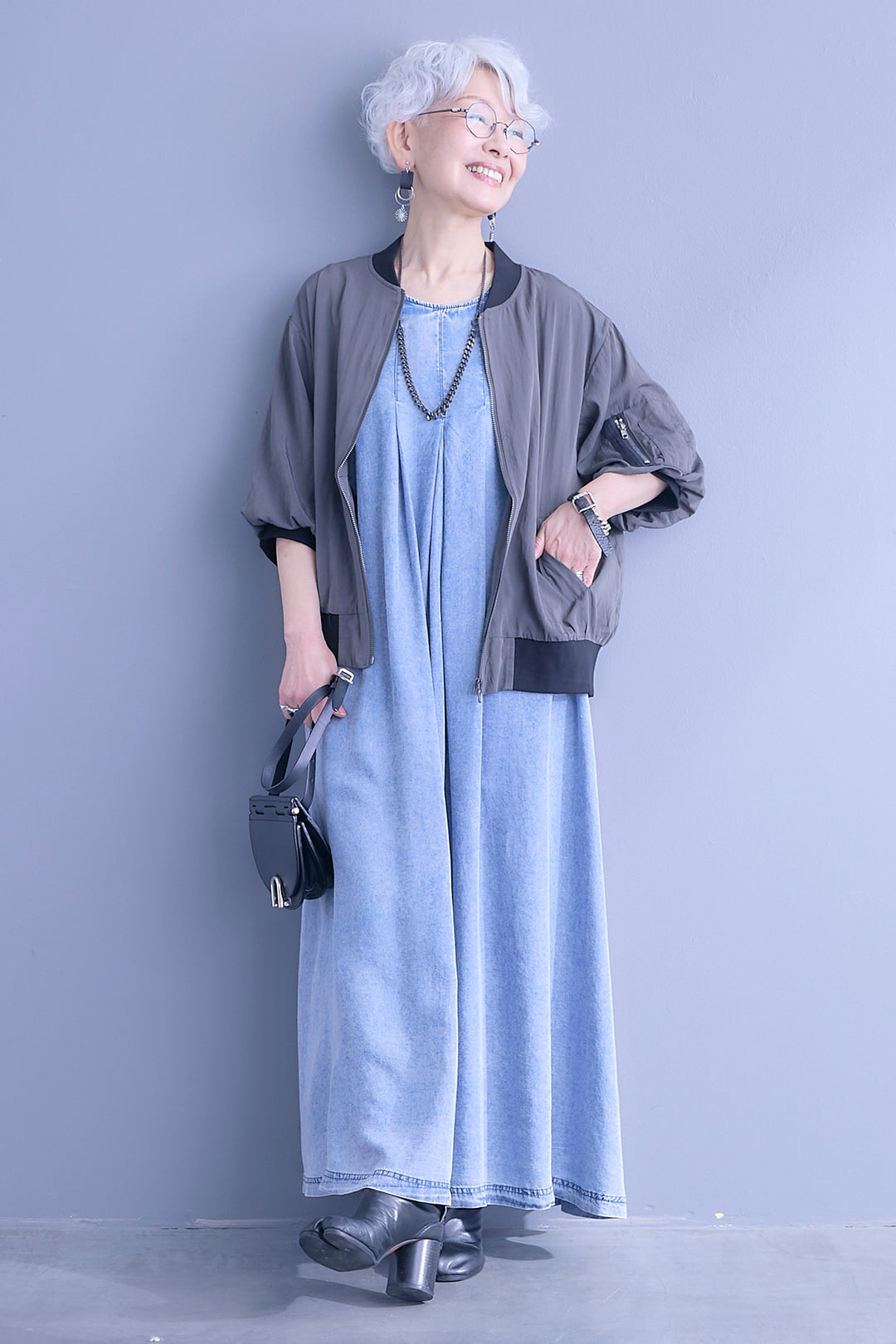 【SET】バルーンハーフスリーブMA-1ジャケット+パウダーシルクヴィンテージデニムワンピース(2set)