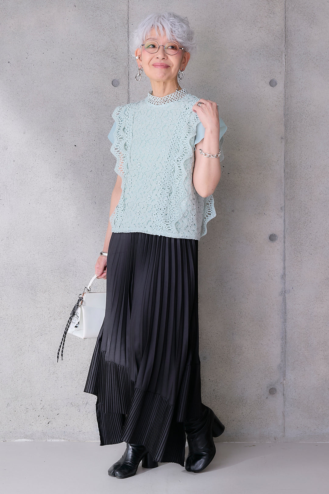 【SET】接触冷感スタンドカラーフレンチスリーブレースブラウス+アシンメトリープリーツスカート(2set)