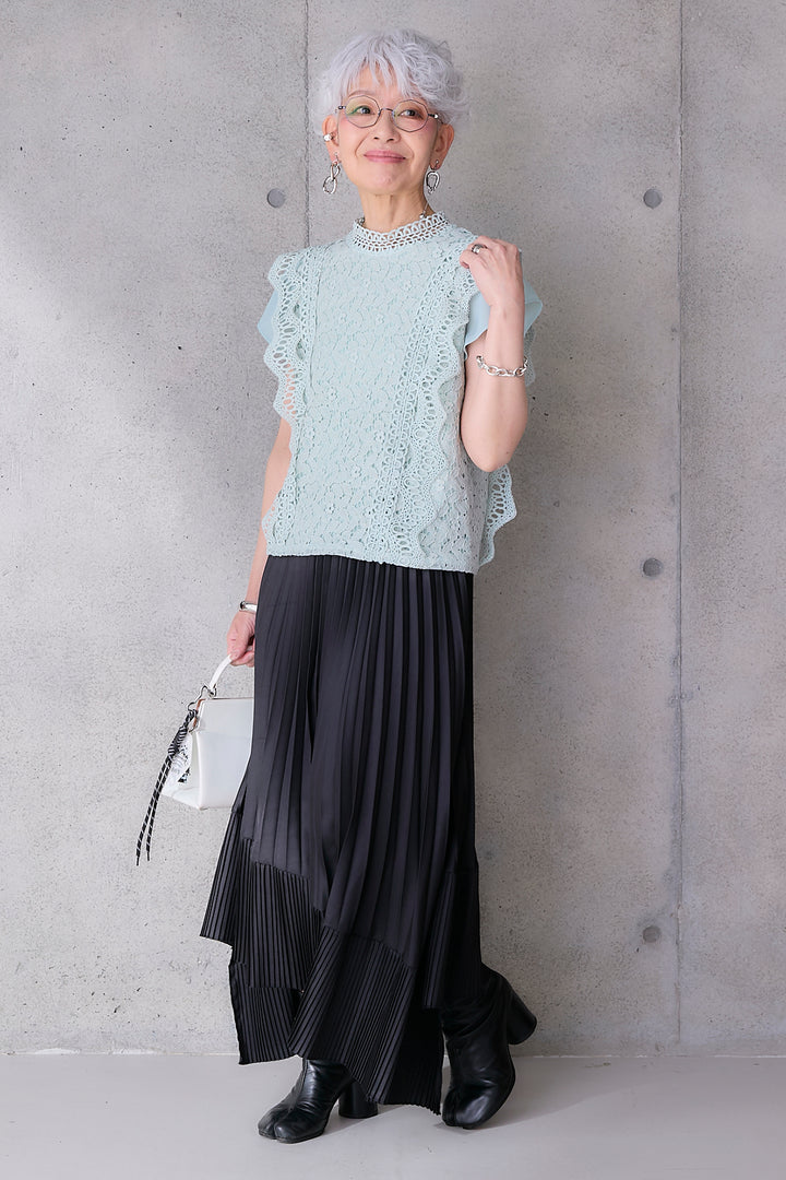 【SET】接触冷感スタンドカラーフレンチスリーブレースブラウス+アシンメトリープリーツスカート(2set)