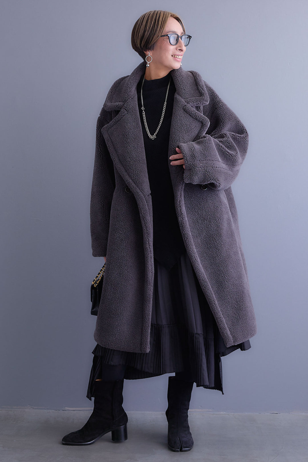 【SET】アシンメトリーオーバーニット+テディボアロングコート+アシンメトリープリーツスカート(3set)