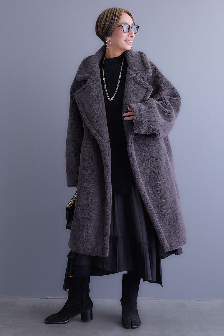 【SET】アシンメトリーオーバーニット+テディボアロングコート+アシンメトリープリーツスカート(3set)
