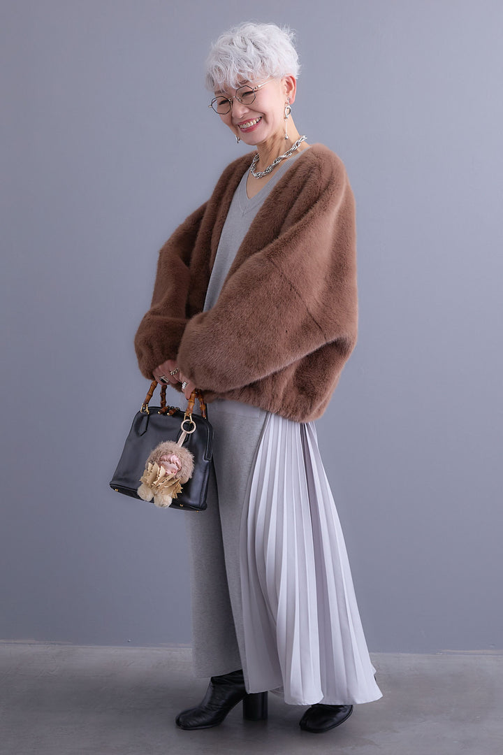 【SET】ZIPポケットサイドプリーツニットワンピース+ノーカラーラウンドシルエットファーコート(2set)