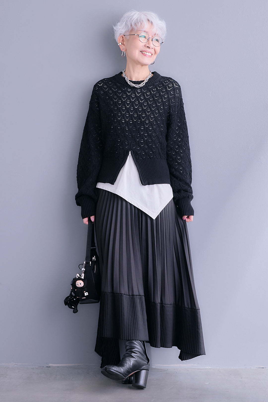 【SET】透かし編みフロントZIPニット+アシンメトリーロンT+アシンメトリープリーツスカート(3set)