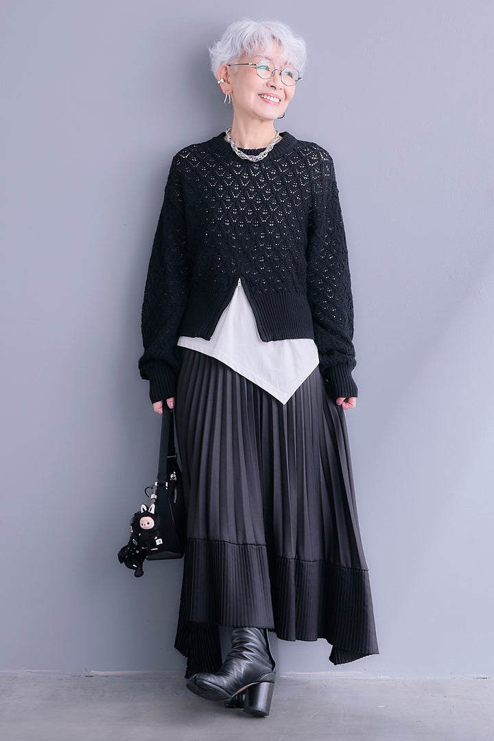 【SET】透かし編みフロントZIPニット+アシンメトリーロンT+アシンメトリープリーツスカート(3set)