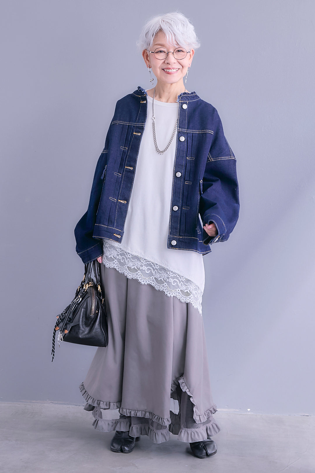 【SET】ノーカラーオーバーサイズデニムジャケット+ヘムレースアシメロンT+ヘムチュールレイヤードフリルスカート(3set)