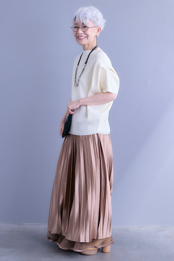 【SET】アップスリーブニットプルオーバー+2WAYラメサテンプリーツ×シアーティアードチュールスカート(2set)