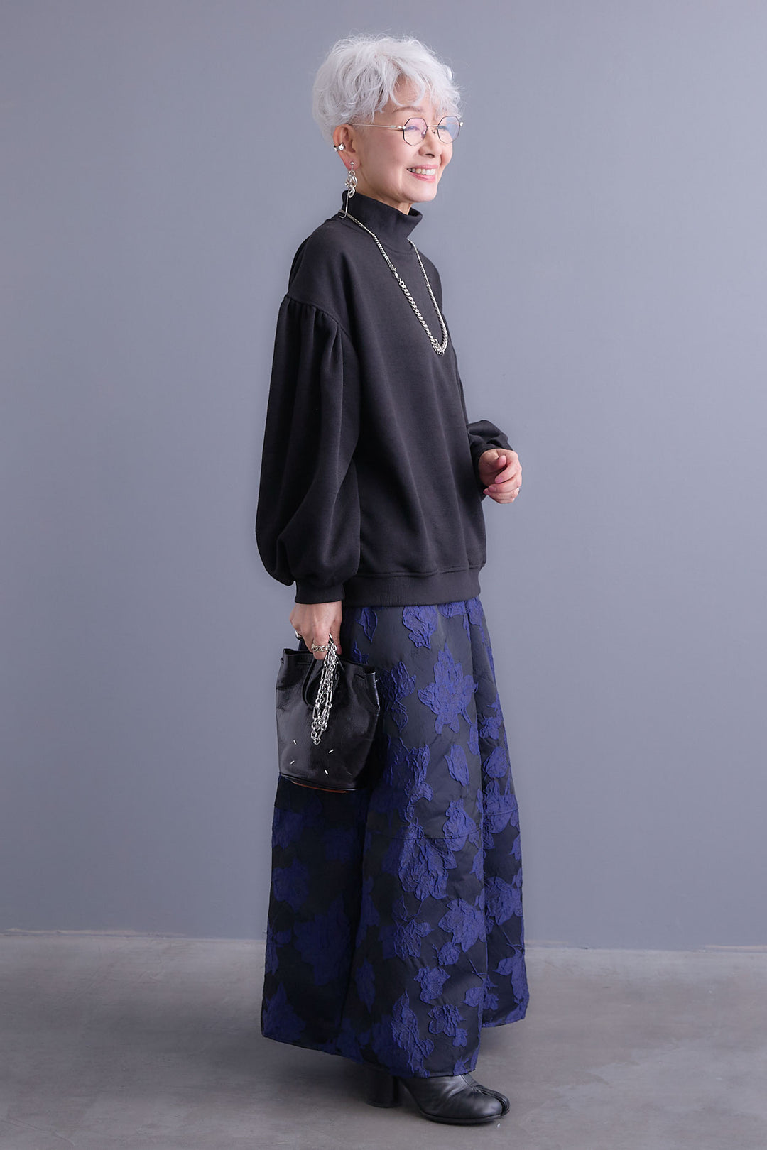 【SET】ボリュームスリーブモックネックプルオーバー+ジャガードフラワースカート(2set)