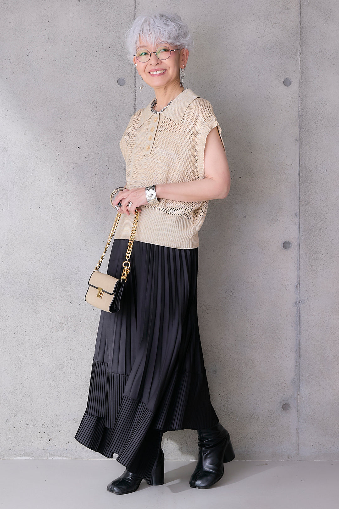 【SET】リネンライクメッシュニット+アシンメトリープリーツスカート(2set)