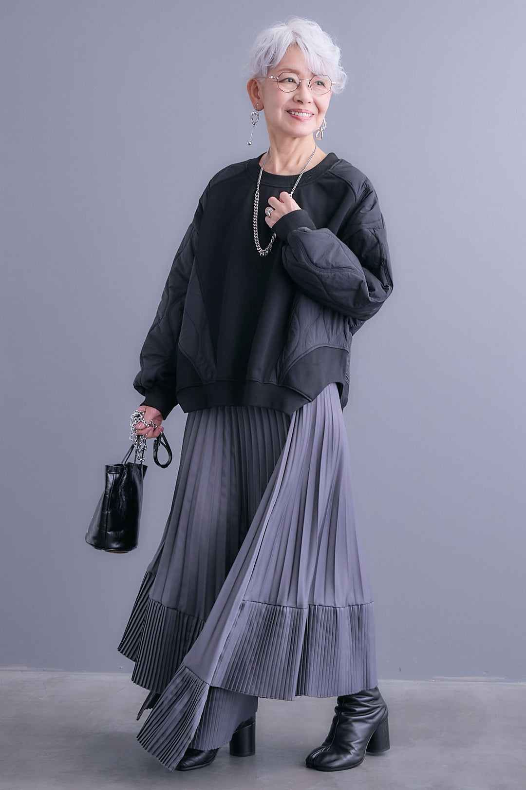 【SET】キルティングドッキングデザインプルオーバー+アシンメトリープリーツスカート(2set)