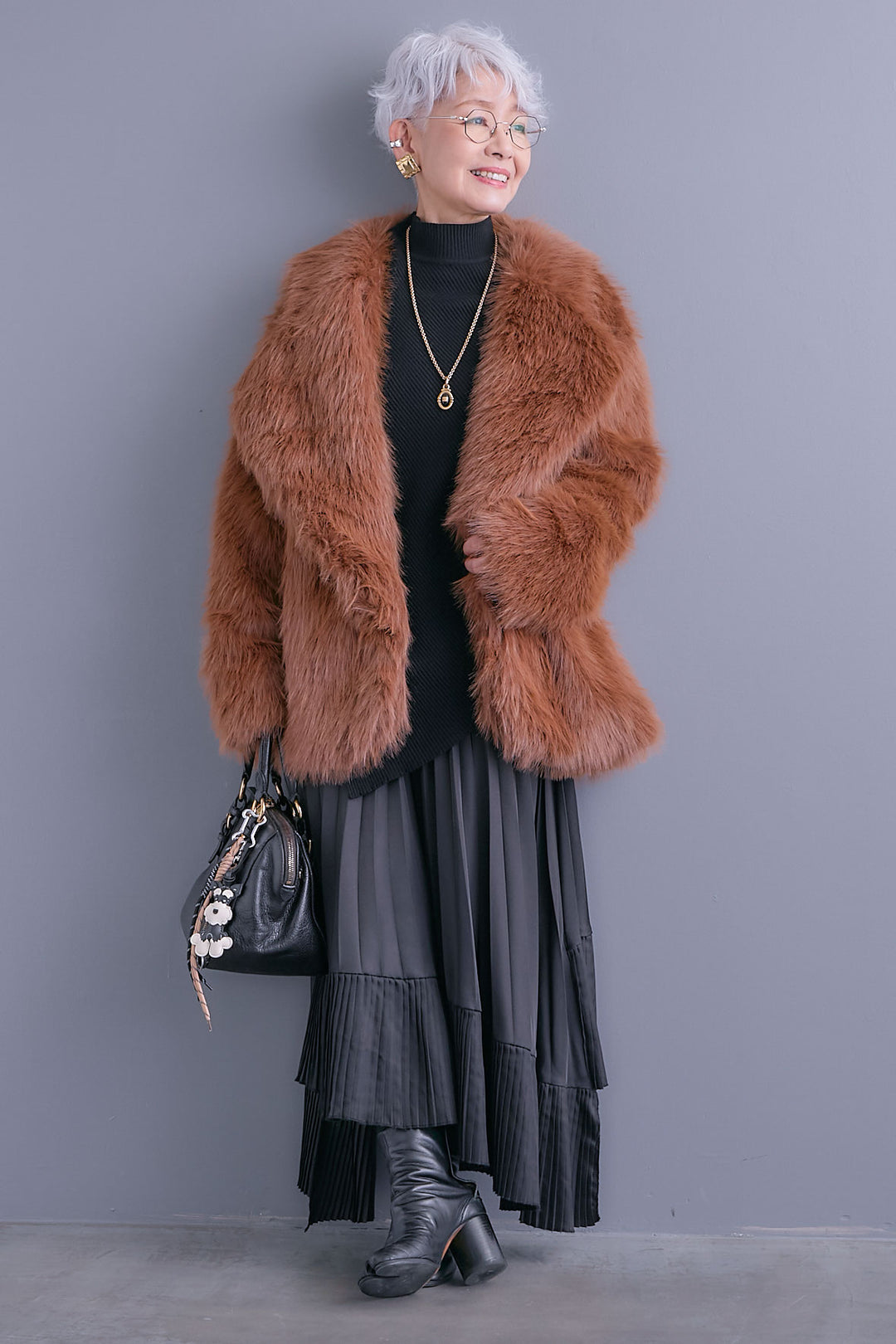 【SET】アシンメトリーオーバーニット+テーラードカラーファーコート+アシンメトリープリーツスカート(3set)