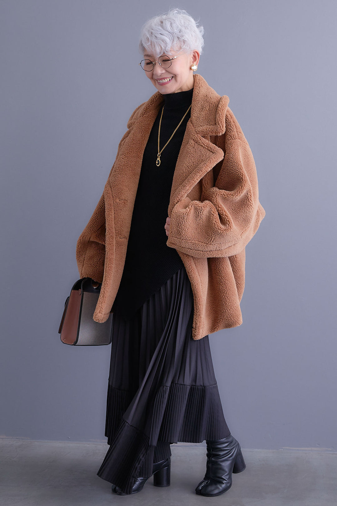 【SET】アシンメトリーオーバーニット+テディボアミディコート+アシンメトリープリーツスカート(3set)