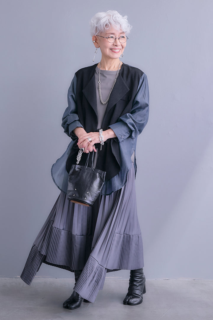 【SET】シアーシャツドッキングジャケット+アシンメトリーロンT+アシンメトリープリーツスカート(3set)