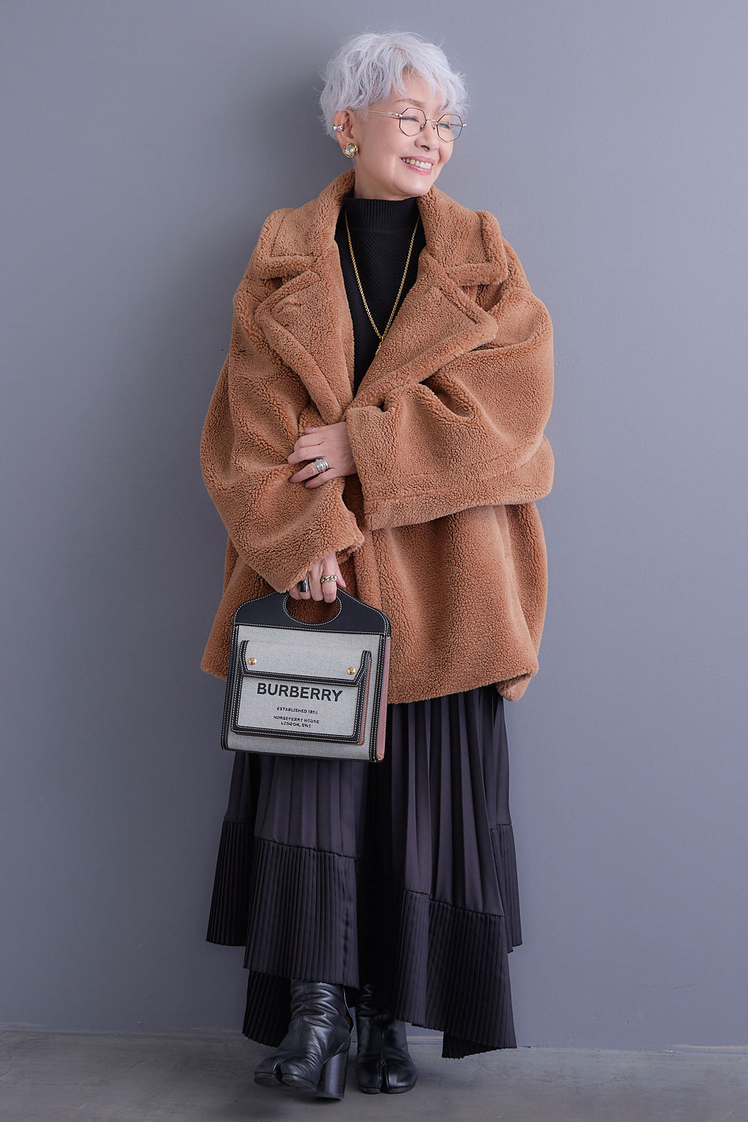 【SET】アシンメトリーオーバーニット+テディボアミディコート+アシンメトリープリーツスカート(3set)