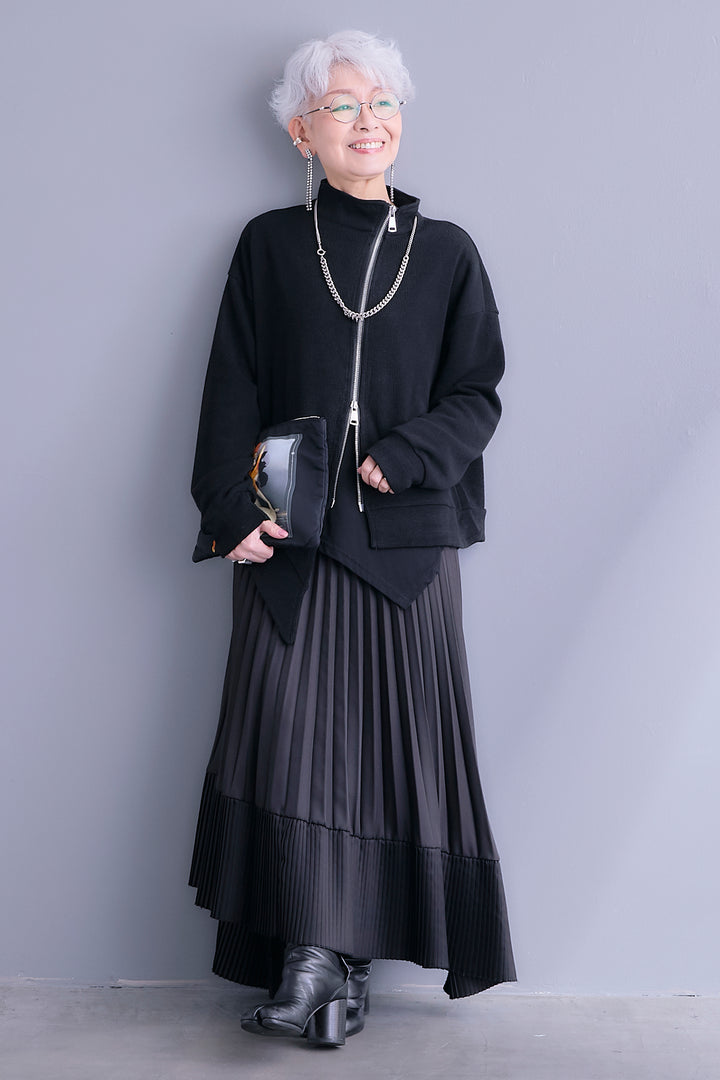 【SET】アシメWZIPハイネックカーディガン+アシンメトリーロンT+アシンメトリープリーツスカート(3set)