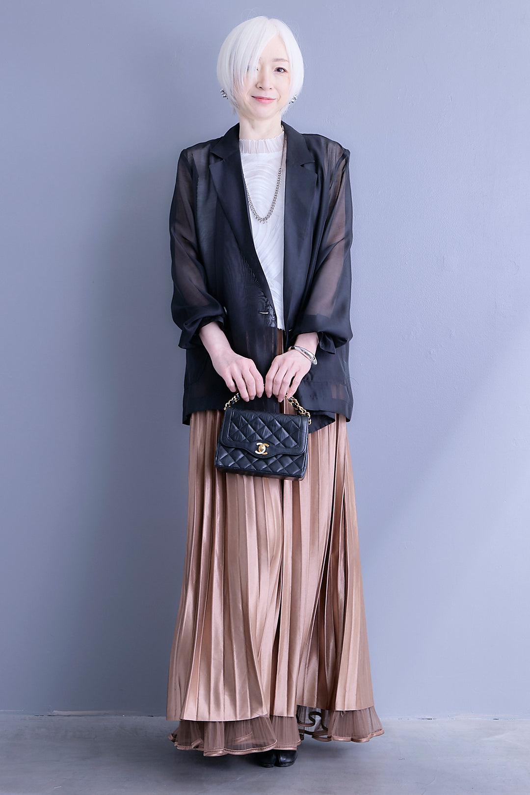 【SET】シアーポプリンダブルテーラードジャケット+ウェーブモチーフスタンドネックブラウス+2WAYラメサテンプリーツ×シアーティアードチュールスカート(3set)