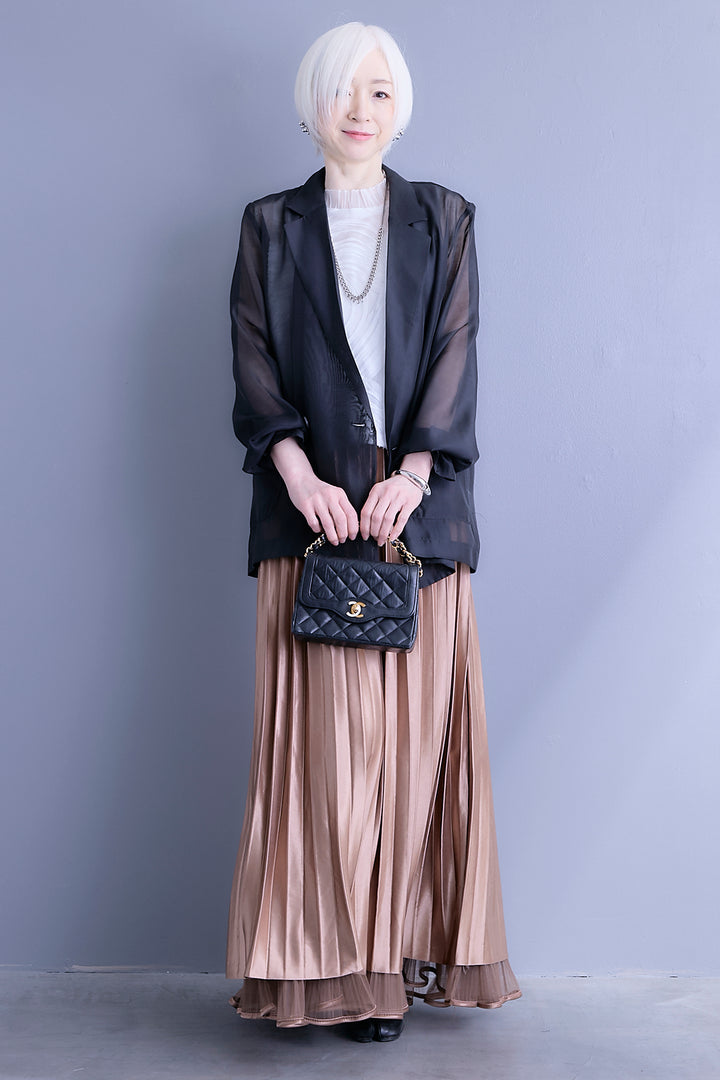 【SET】シアーポプリンダブルテーラードジャケット+ウェーブモチーフスタンドネックブラウス+2WAYラメサテンプリーツ×シアーティアードチュールスカート(3set)