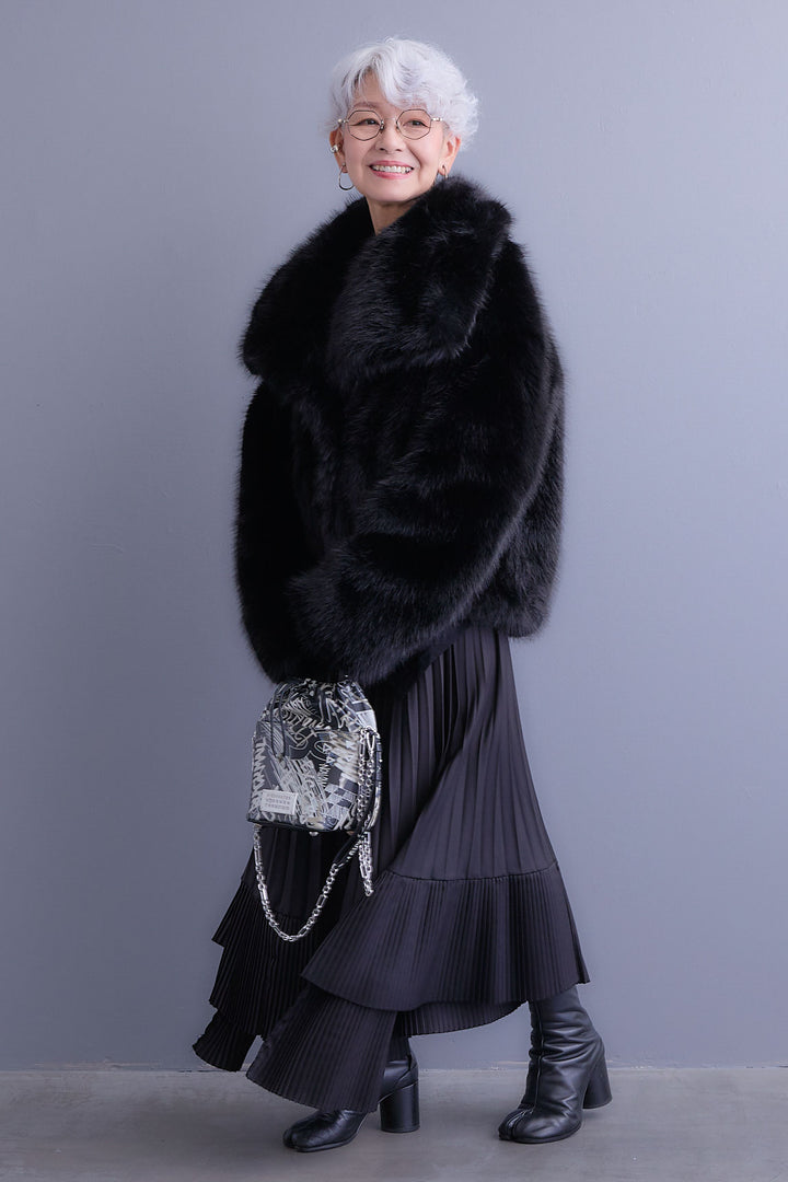 【SET】アシンメトリーロンT+オーバーカラーファーコート+アシンメトリープリーツスカート(3set)