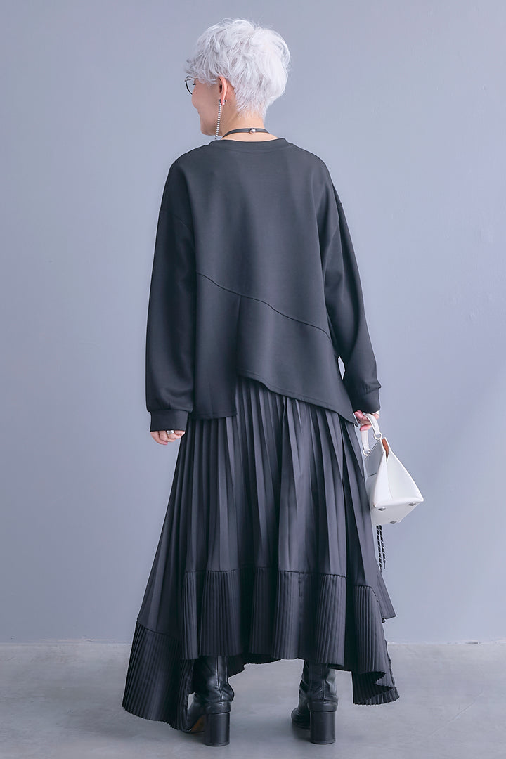 【SET】アシメリングZIPデザインプルオーバー+アシンメトリープリーツスカート(2set)