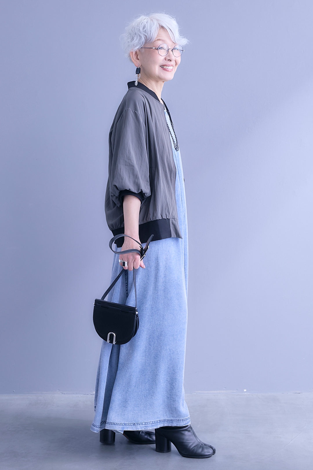 【SET】バルーンハーフスリーブMA-1ジャケット+パウダーシルクヴィンテージデニムワンピース(2set)