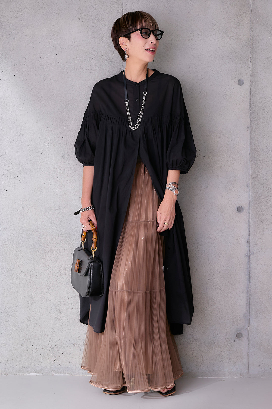 【SET】コットンボイルピンタックエアリーワンピース+2WAYラメサテンプリーツ×シアーティアードチュールスカート(2set)