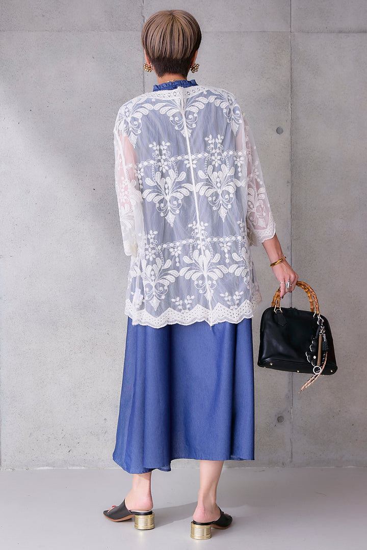 【予約】ソフトデニムシャーリングスタンドネックワンピース