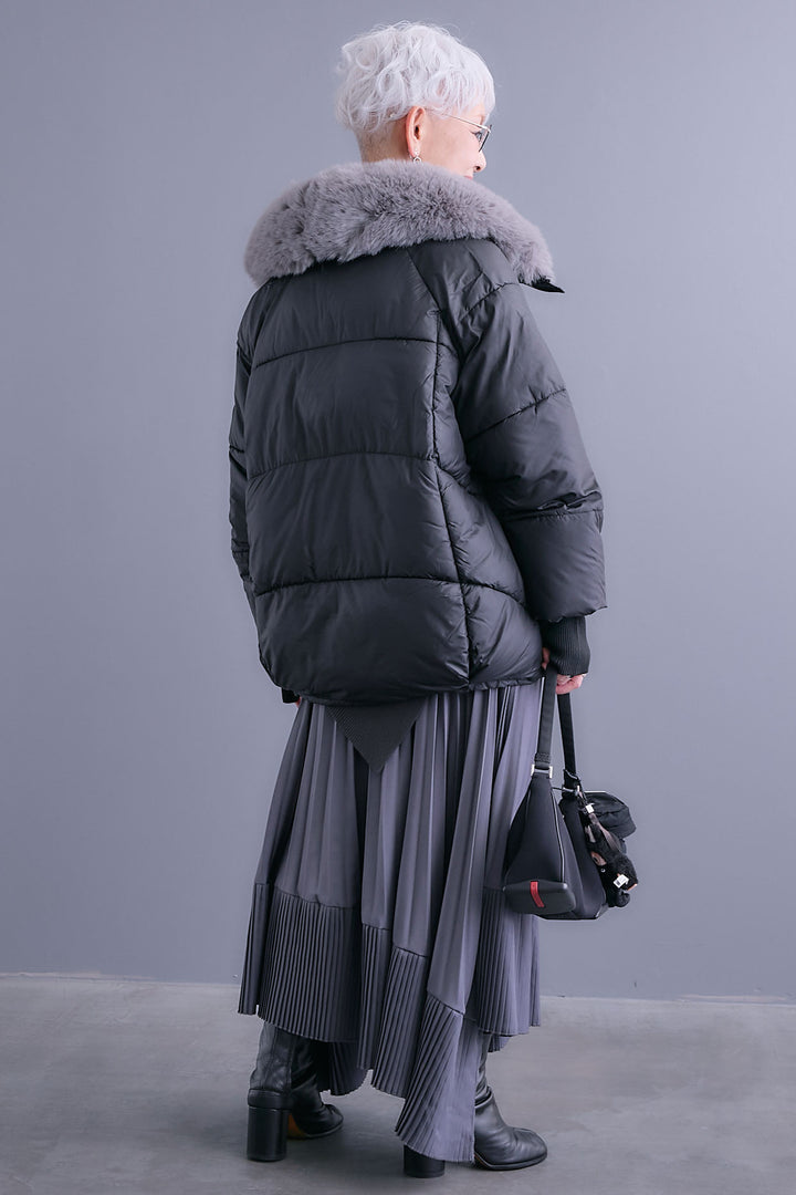 【SET】アシンメトリーオーバーニット+ファーカラーパディングコート+アシンメトリープリーツスカート(3set)