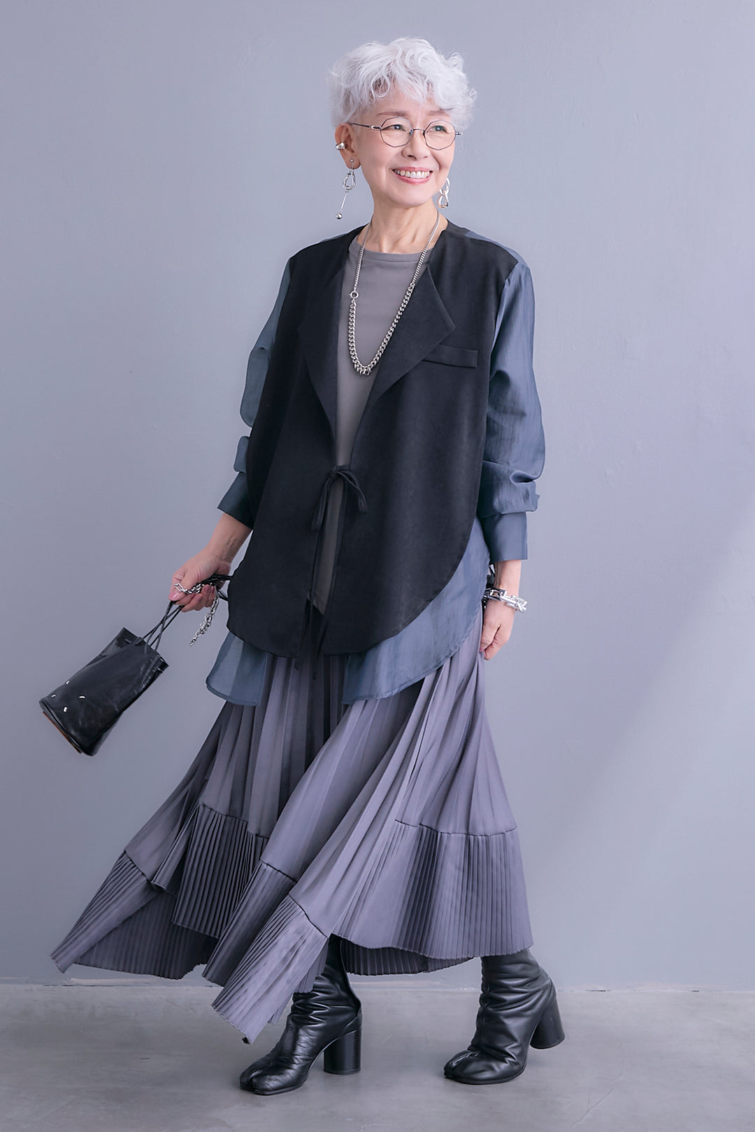 【SET】シアーシャツドッキングジャケット+アシンメトリーロンT+アシンメトリープリーツスカート(3set)