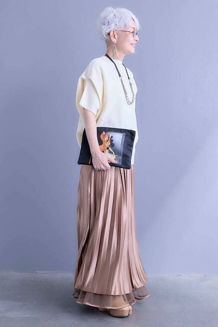 【SET】アップスリーブニットプルオーバー+2WAYラメサテンプリーツ×シアーティアードチュールスカート(2set)
