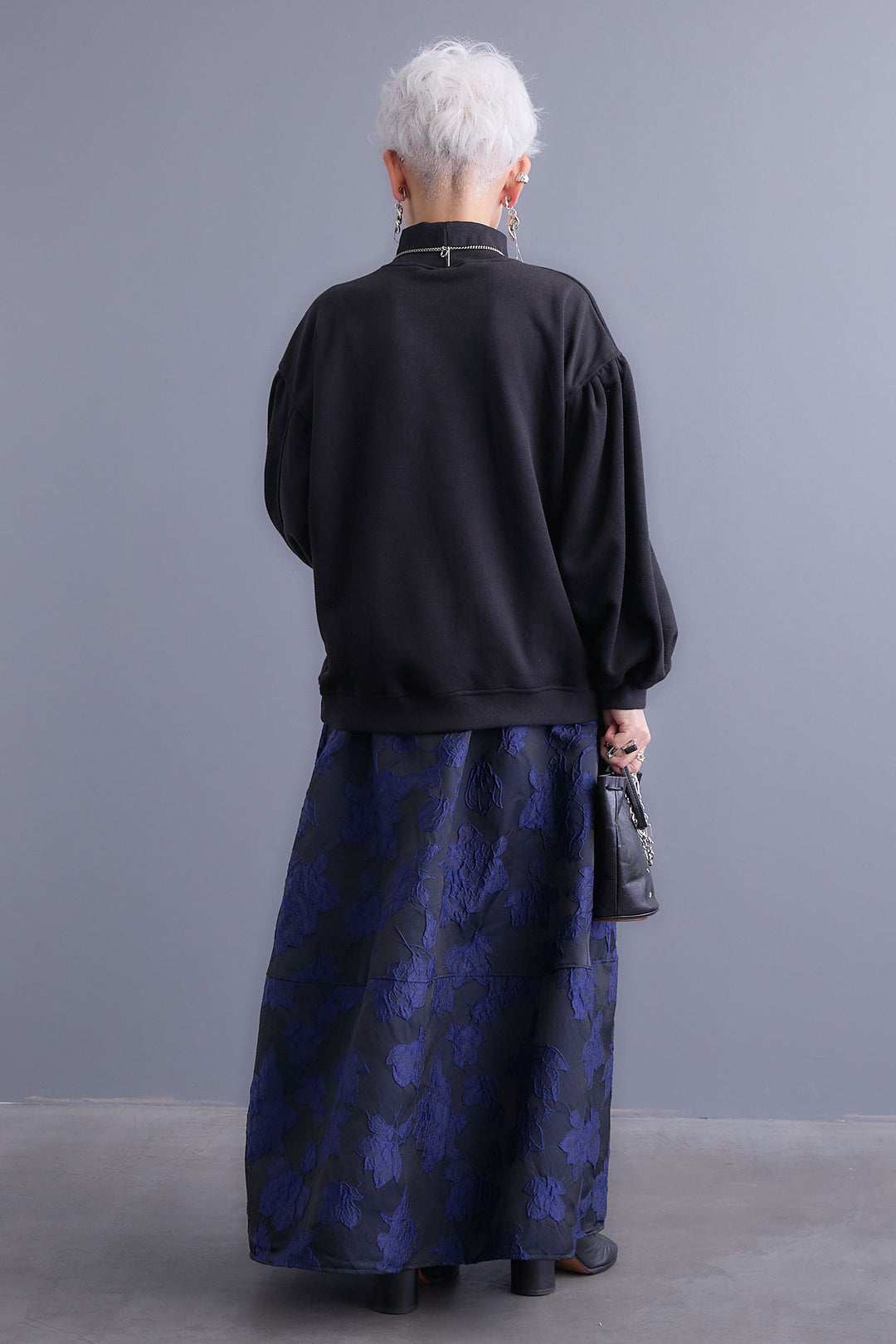 【SET】ボリュームスリーブモックネックプルオーバー+ジャガードフラワースカート(2set)