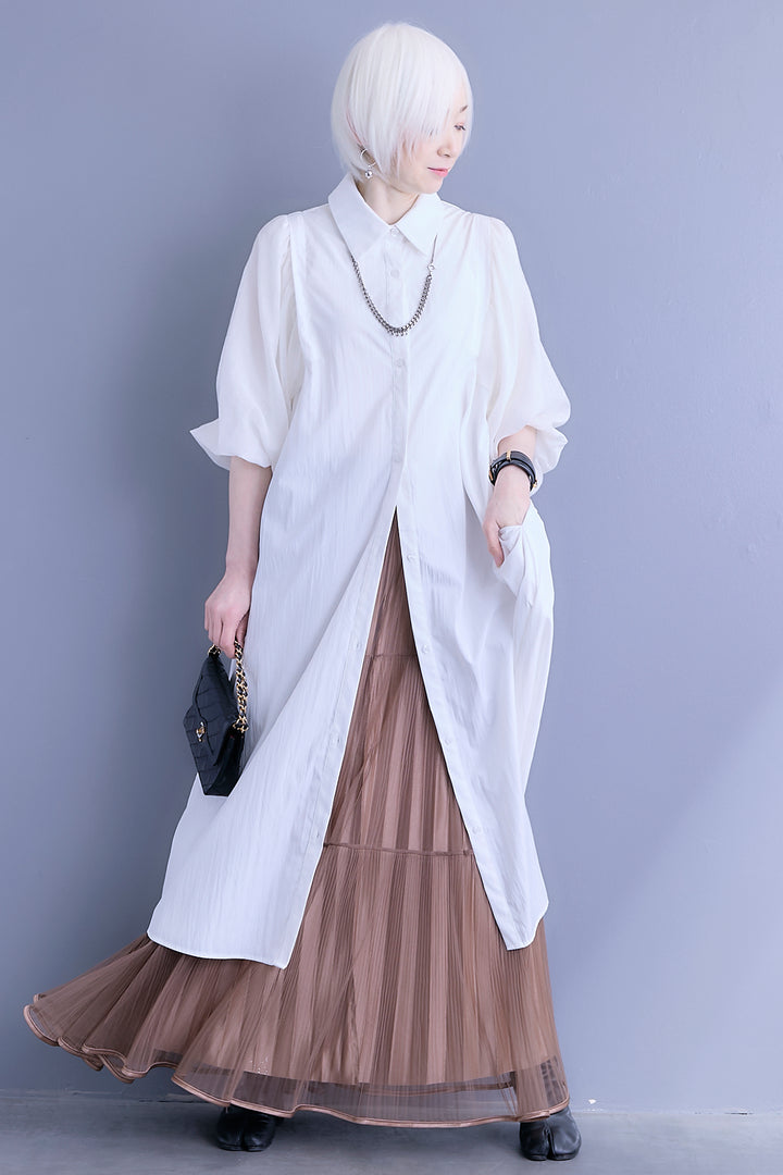 【SET】バルーンスリーブシャツワンピース+2WAYラメサテンプリーツ×シアーティアードチュールスカート(2set)