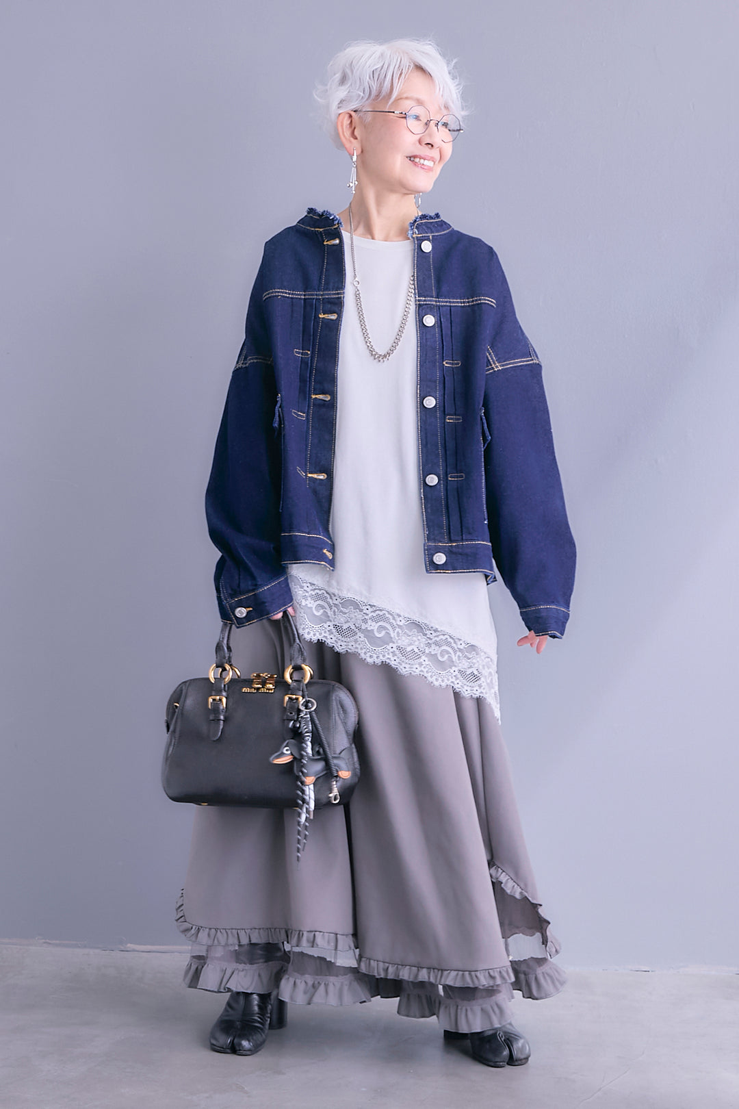 【SET】ノーカラーオーバーサイズデニムジャケット+ヘムレースアシメロンT+ヘムチュールレイヤードフリルスカート(3set)