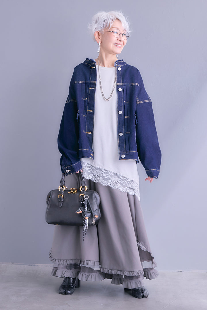 【SET】ノーカラーオーバーサイズデニムジャケット+ヘムレースアシメロンT+ヘムチュールレイヤードフリルスカート(3set)