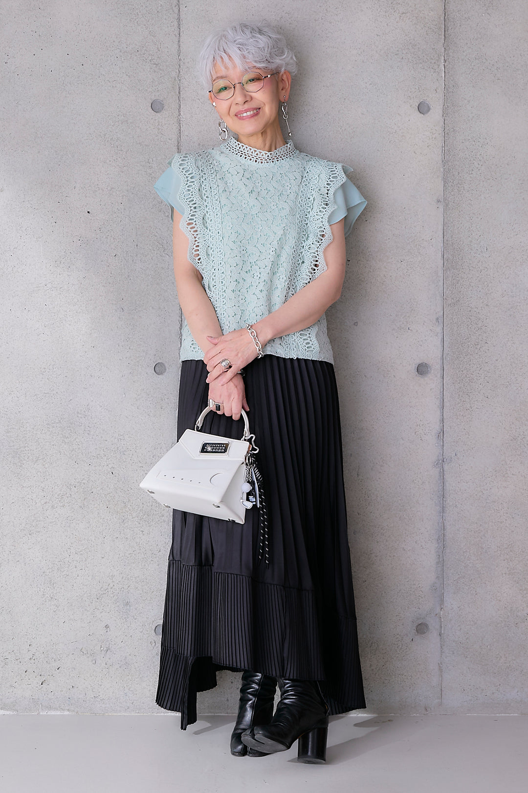 【SET】接触冷感スタンドカラーフレンチスリーブレースブラウス+アシンメトリープリーツスカート(2set)